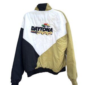 VTG Daytona 500 Nascar Jacket Mens L Black & Tan Embroidered Racing